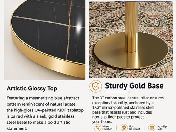 English Elm Modern Round Faux Marble Bistro Table Gold Pedestal Base Gloss Top Seats Two W1151P431134