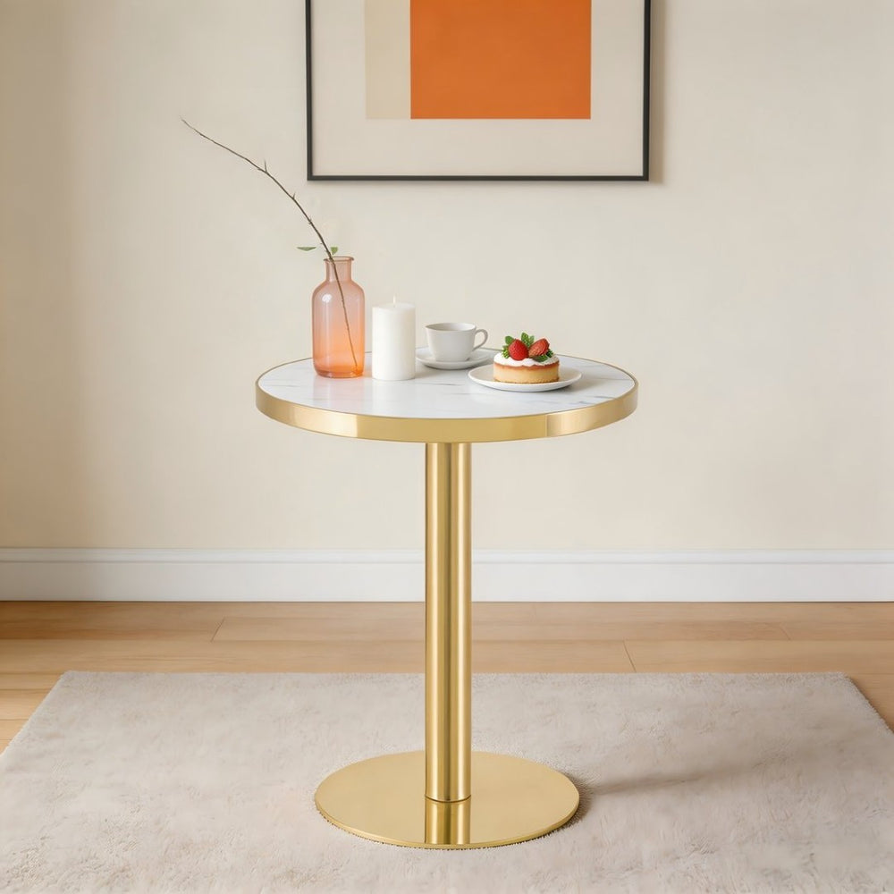 English Elm 23.6 Inch Round Marble Effect Bistro Table with Gold Steel Edge for Compact Dining Spaces W1151P431135