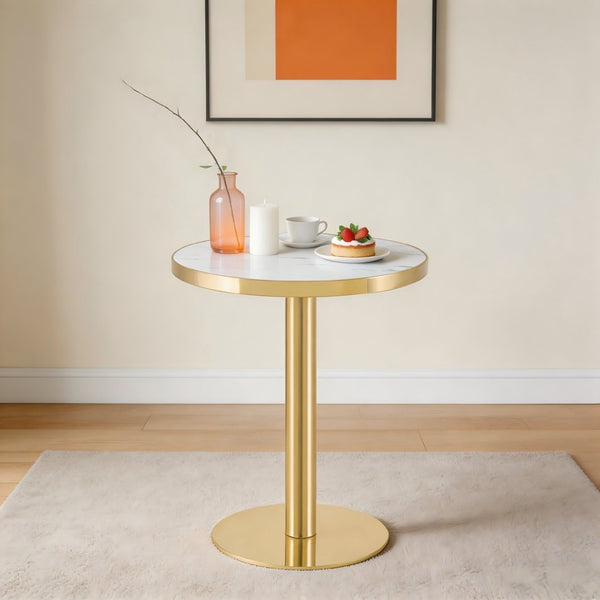 English Elm 23.6 Inch Round Marble Effect Bistro Table with Gold Steel Edge for Compact Dining Spaces W1151P431135