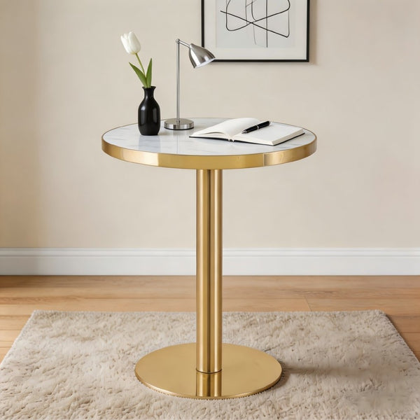 English Elm 23.6 Inch Round Marble Effect Bistro Table with Gold Steel Edge for Compact Dining Spaces W1151P431135