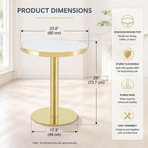 English Elm 23.6 Inch Round Marble Effect Bistro Table with Gold Steel Edge for Compact Dining Spaces W1151P431135
