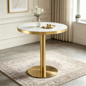 English Elm 23.6 Inch Round Marble Effect Bistro Table with Gold Steel Edge for Compact Dining Spaces W1151P431135
