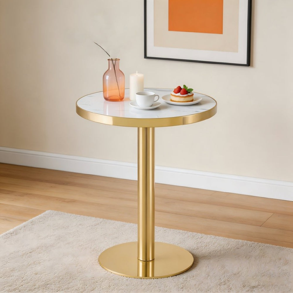 English Elm 23.6 Inch Round Marble Effect Bistro Table with Gold Steel Edge for Compact Dining Spaces W1151P431135