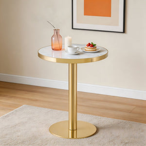 English Elm 23.6 Inch Round Marble Effect Bistro Table with Gold Steel Edge for Compact Dining Spaces W1151P431135