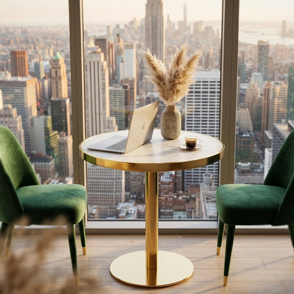English Elm 23.6 Inch Round Marble Effect Bistro Table with Gold Steel Edge for Compact Dining Spaces W1151P431135