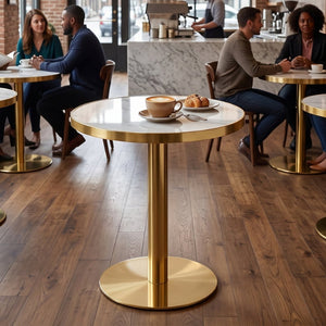 English Elm 23.6 Inch Round Marble Effect Bistro Table with Gold Steel Edge for Compact Dining Spaces W1151P431135