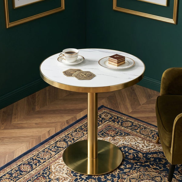 English Elm 23.6 Inch Round Marble Effect Bistro Table with Gold Steel Edge for Compact Dining Spaces W1151P431135