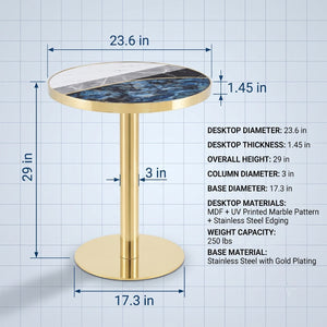 English Elm 23.6 Inch Round Marble Effect Bistro Table with Gold Steel Edge for Compact Dining Spaces W1151P431135