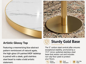 English Elm 23.6 Inch Round Marble Effect Bistro Table with Gold Steel Edge for Compact Dining Spaces W1151P431135