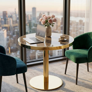 English Elm Modern Faux Marble Round Bistro Table Gold Pedestal Base for Two Small Dining W1151P431136