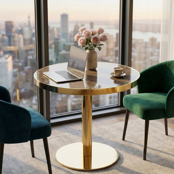 English Elm Modern Faux Marble Round Bistro Table Gold Pedestal Base for Two Small Dining W1151P431136