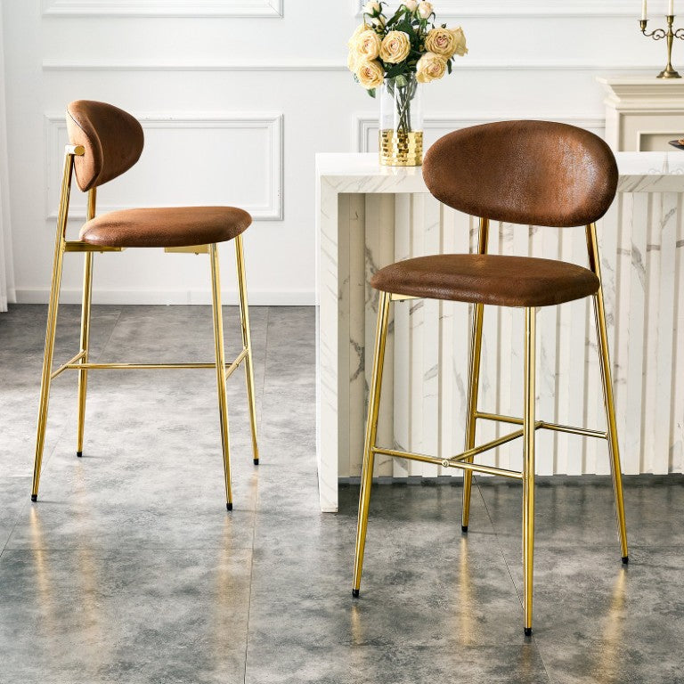 English Elm Set of 2 Retro Suede Upholstered Counter Stools with Gold Frame and Curved Back W1151P433253