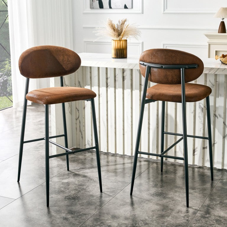English Elm Set of 2 Vintage Microsuede Counter Stools with Curved Back and Sturdy Black Metal Legs W1151P433401
