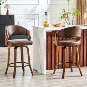 English Elm 2-Piece Bentwood Walnut Swivel Barstools with Ergonomic Back for Kitchen Islands W1151P433520