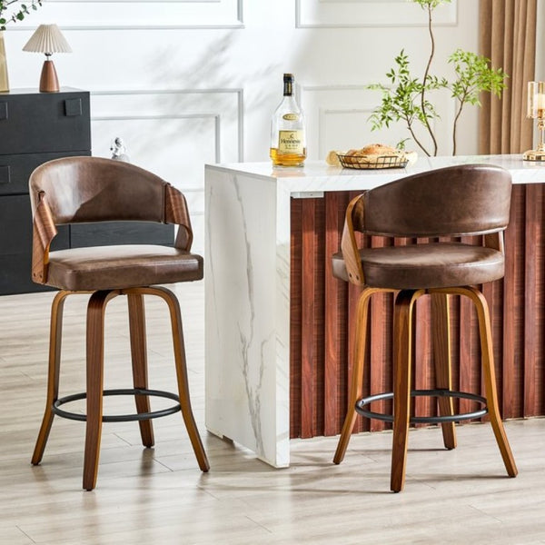 English Elm 2-Piece Bentwood Walnut Swivel Barstools with Ergonomic Back for Kitchen Islands W1151P433520