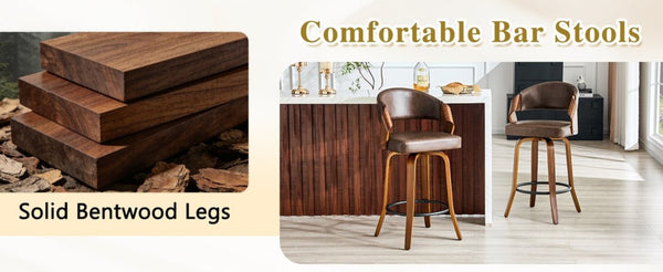 English Elm 2-Piece Bentwood Walnut Swivel Barstools with Ergonomic Back for Kitchen Islands W1151P433520
