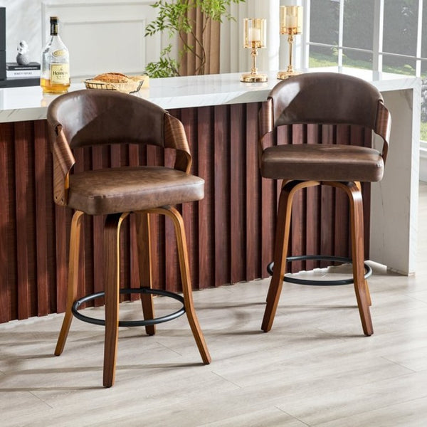 English Elm 2-Piece Bentwood Walnut Swivel Barstools with Ergonomic Back for Kitchen Islands W1151P433520
