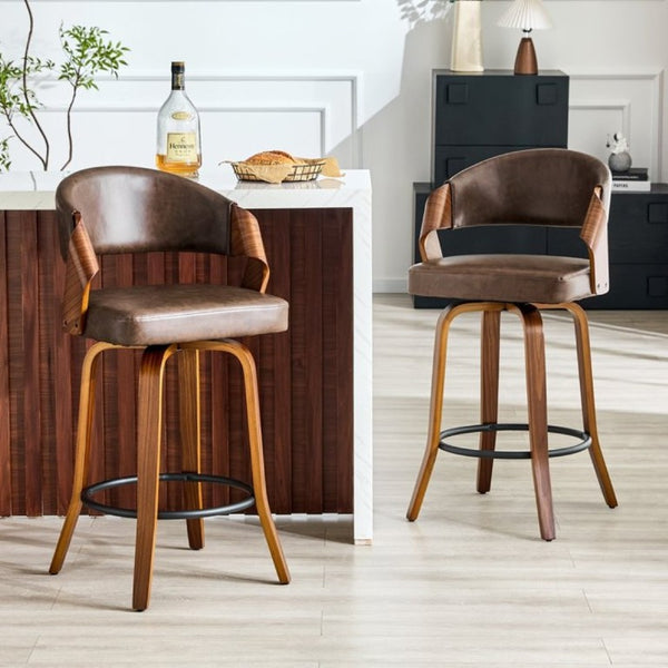 English Elm 2-Piece Bentwood Walnut Swivel Barstools with Ergonomic Back for Kitchen Islands W1151P433520