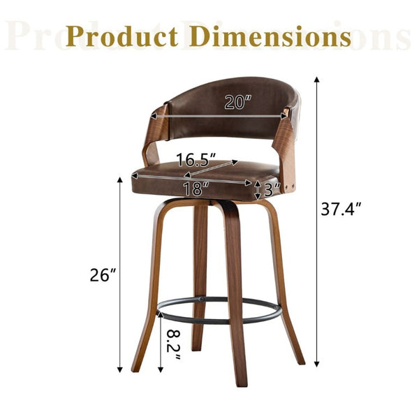 English Elm 2-Piece Bentwood Walnut Swivel Barstools with Ergonomic Back for Kitchen Islands W1151P433520