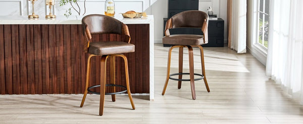 English Elm 2-Piece Bentwood Walnut Swivel Barstools with Ergonomic Back for Kitchen Islands W1151P433520