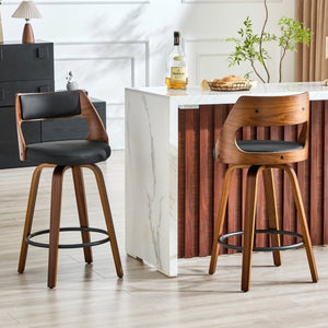 English Elm 2-Piece Swivel Barstools Solid Walnut Frame PU Leather Seat for Kitchen Island or Bar Walnut + Black W1151P433521