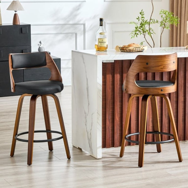 English Elm 2-Piece Swivel Barstools Solid Walnut Frame PU Leather Seat for Kitchen Island or Bar Walnut + Black W1151P433521