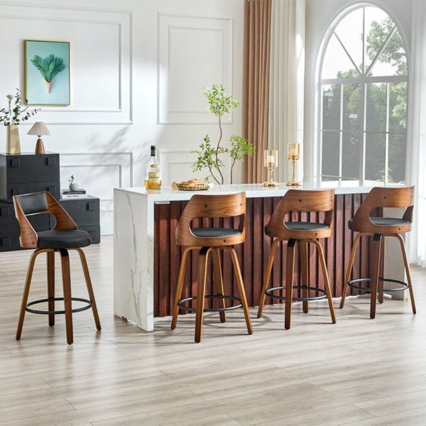 English Elm 2-Piece Swivel Barstools Solid Walnut Frame PU Leather Seat for Kitchen Island or Bar Walnut + Black W1151P433521