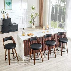 English Elm 2-Piece Swivel Barstools Solid Walnut Frame PU Leather Seat for Kitchen Island or Bar Walnut + Black W1151P433521