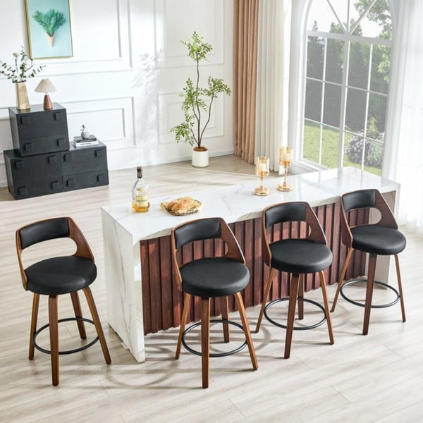 English Elm 2-Piece Swivel Barstools Solid Walnut Frame PU Leather Seat for Kitchen Island or Bar Walnut + Black W1151P433521