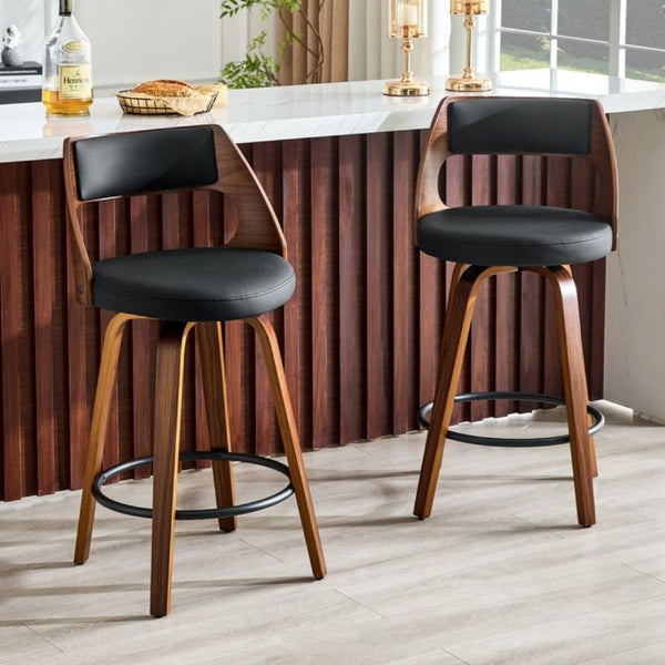 English Elm 2-Piece Swivel Barstools Solid Walnut Frame PU Leather Seat for Kitchen Island or Bar Walnut + Black W1151P433521