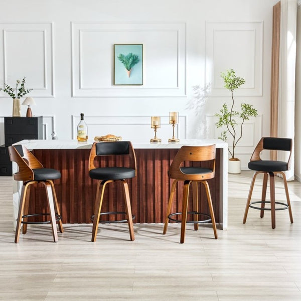 English Elm 2-Piece Swivel Barstools Solid Walnut Frame PU Leather Seat for Kitchen Island or Bar Walnut + Black W1151P433521