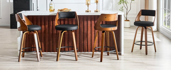 English Elm 2-Piece Swivel Barstools Solid Walnut Frame PU Leather Seat for Kitchen Island or Bar Walnut + Black W1151P433521