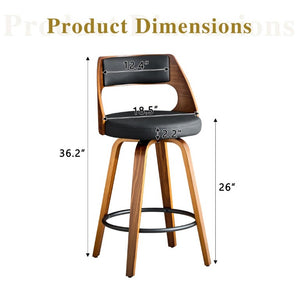 English Elm 2-Piece Swivel Barstools Solid Walnut Frame PU Leather Seat for Kitchen Island or Bar Walnut + Black W1151P433521