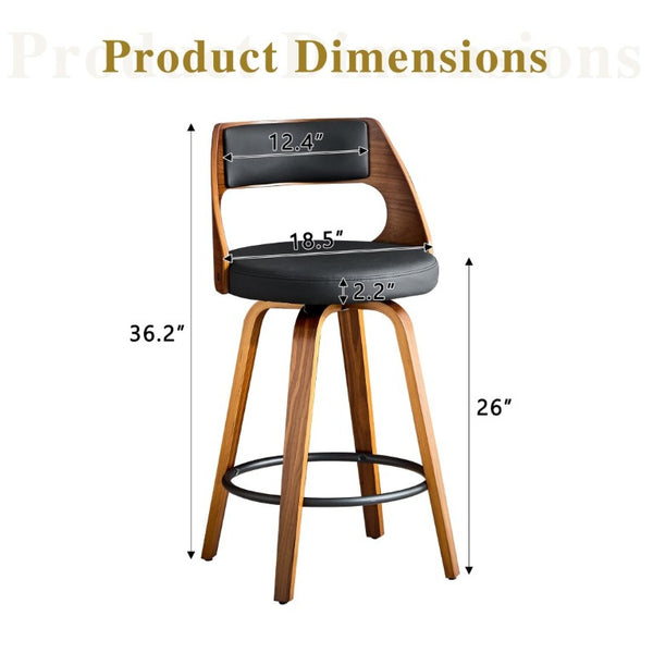 English Elm 2-Piece Swivel Barstools Solid Walnut Frame PU Leather Seat for Kitchen Island or Bar Walnut + Black W1151P433521