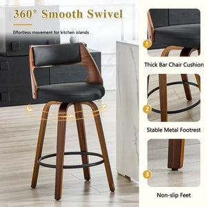 English Elm 2-Piece Swivel Barstools Solid Walnut Frame PU Leather Seat for Kitchen Island or Bar Walnut + Black W1151P433521