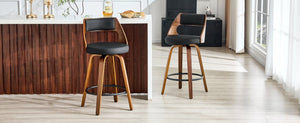 English Elm 2-Piece Swivel Barstools Solid Walnut Frame PU Leather Seat for Kitchen Island or Bar Walnut + Black W1151P433521