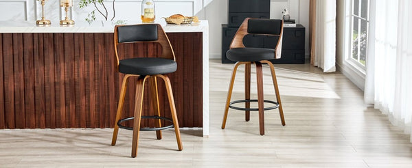 English Elm 2-Piece Swivel Barstools Solid Walnut Frame PU Leather Seat for Kitchen Island or Bar Walnut + Black W1151P433521