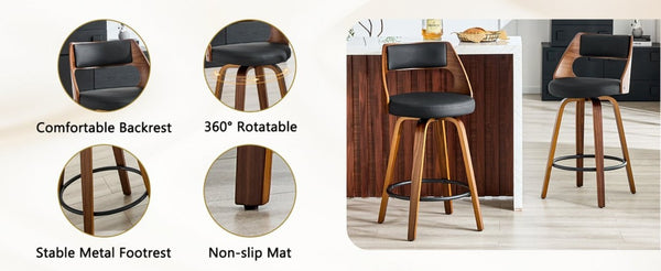 English Elm 2-Piece Swivel Barstools Solid Walnut Frame PU Leather Seat for Kitchen Island or Bar Walnut + Black W1151P433521