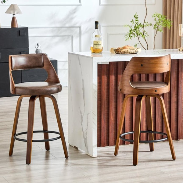 English Elm 2-Piece Swivel Barstools Solid Walnut Frame PU Leather Seat for Kitchen Island or Bar Brown + Walnut W1151P433522
