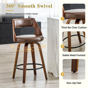 English Elm 2-Piece Swivel Barstools Solid Walnut Frame PU Leather Seat for Kitchen Island or Bar Brown + Walnut W1151P433522