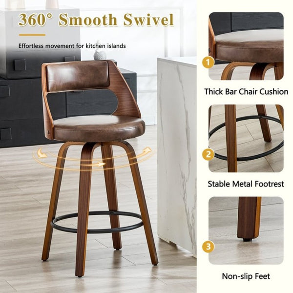 English Elm 2-Piece Swivel Barstools Solid Walnut Frame PU Leather Seat for Kitchen Island or Bar Brown + Walnut W1151P433522