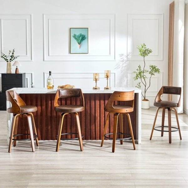 English Elm 2-Piece Swivel Barstools Solid Walnut Frame PU Leather Seat for Kitchen Island or Bar Brown + Walnut W1151P433522