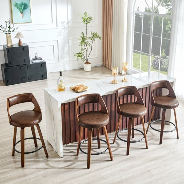 English Elm 2-Piece Swivel Barstools Solid Walnut Frame PU Leather Seat for Kitchen Island or Bar Brown + Walnut W1151P433522