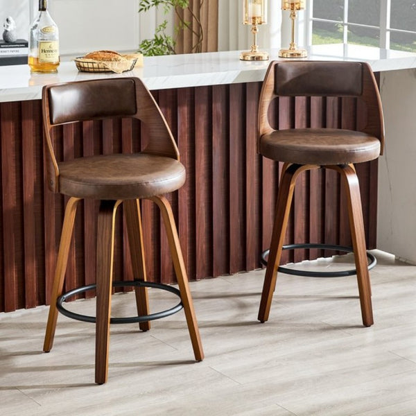 English Elm 2-Piece Swivel Barstools Solid Walnut Frame PU Leather Seat for Kitchen Island or Bar Brown + Walnut W1151P433522