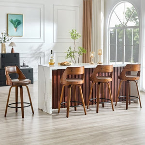 English Elm 2-Piece Swivel Barstools Solid Walnut Frame PU Leather Seat for Kitchen Island or Bar Brown + Walnut W1151P433522