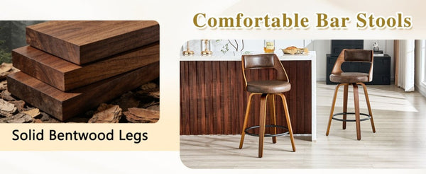 English Elm 2-Piece Swivel Barstools Solid Walnut Frame PU Leather Seat for Kitchen Island or Bar Brown + Walnut W1151P433522