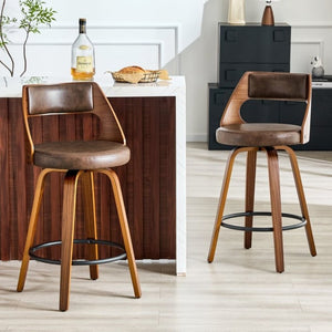 English Elm 2-Piece Swivel Barstools Solid Walnut Frame PU Leather Seat for Kitchen Island or Bar Brown + Walnut W1151P433522