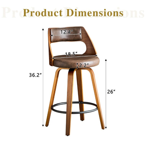 English Elm 2-Piece Swivel Barstools Solid Walnut Frame PU Leather Seat for Kitchen Island or Bar Brown + Walnut W1151P433522
