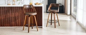 English Elm 2-Piece Swivel Barstools Solid Walnut Frame PU Leather Seat for Kitchen Island or Bar Brown + Walnut W1151P433522