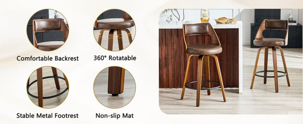 English Elm 2-Piece Swivel Barstools Solid Walnut Frame PU Leather Seat for Kitchen Island or Bar Brown + Walnut W1151P433522